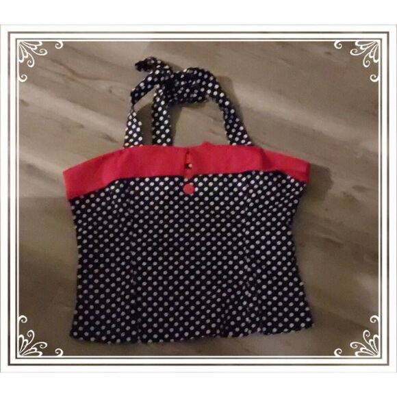 NWOT~Super cute Retro Pin Up Black/red/white Polka Dot Halter Style Top Sz L - Picture 1 of 2